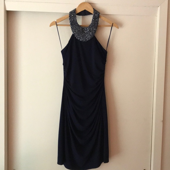 JS Boutique Navy Dress w Sequin/Beaded Collar, 6 - Picture 1 of 8